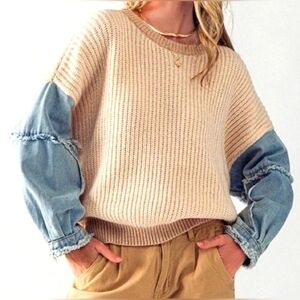 Dreamers by Debut Cream Knit Pullover Denim Sleeve Slouchy Oversized Sweater M/L